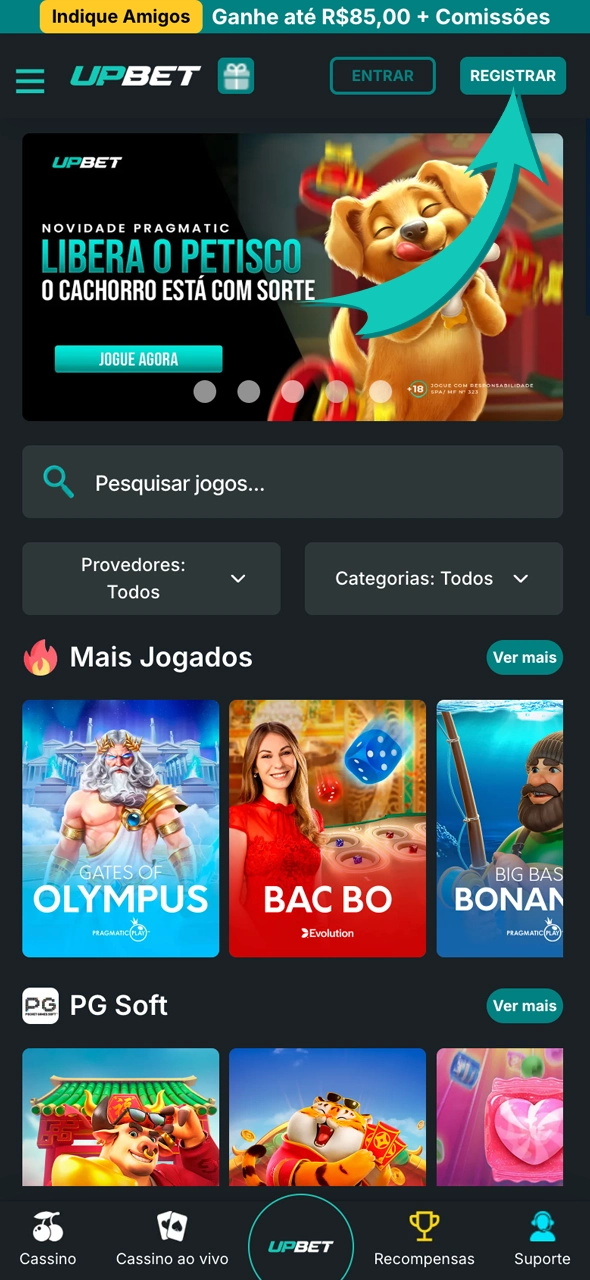 Passos simples para começar a se registrar no Upbet Casino.