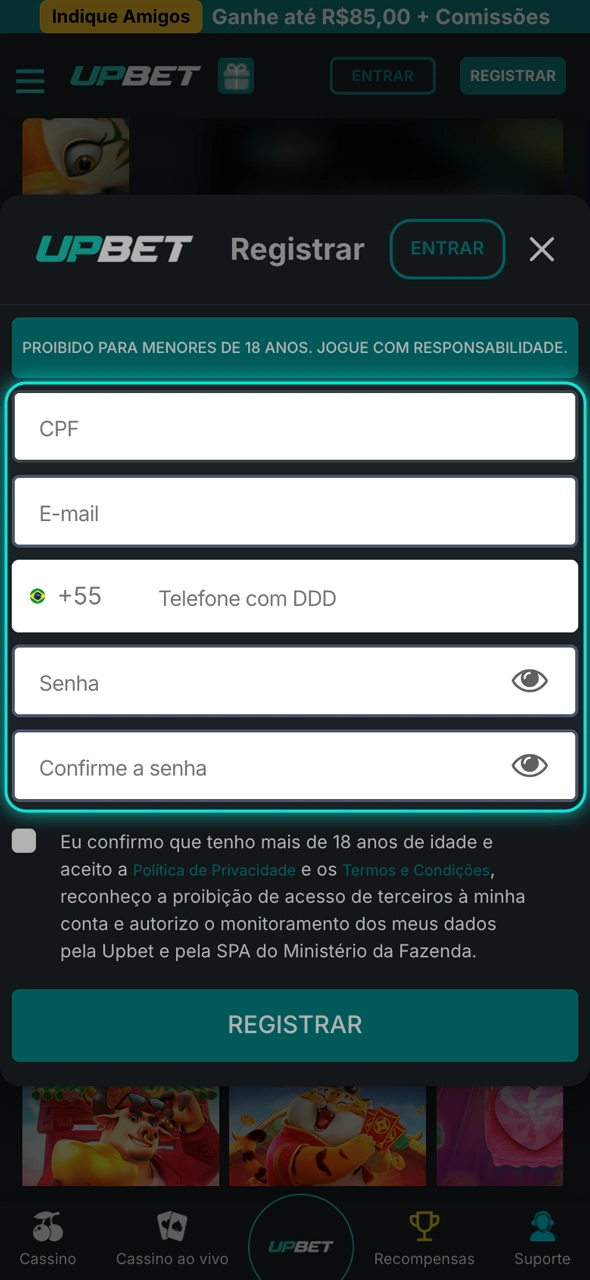 Saiba como preencher o formulário de registro do Upbet.