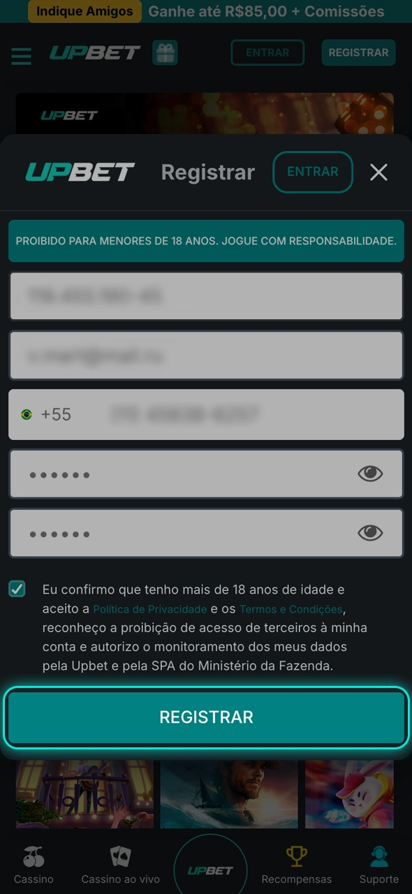 Saiba como completar o seu registro no Upbet.