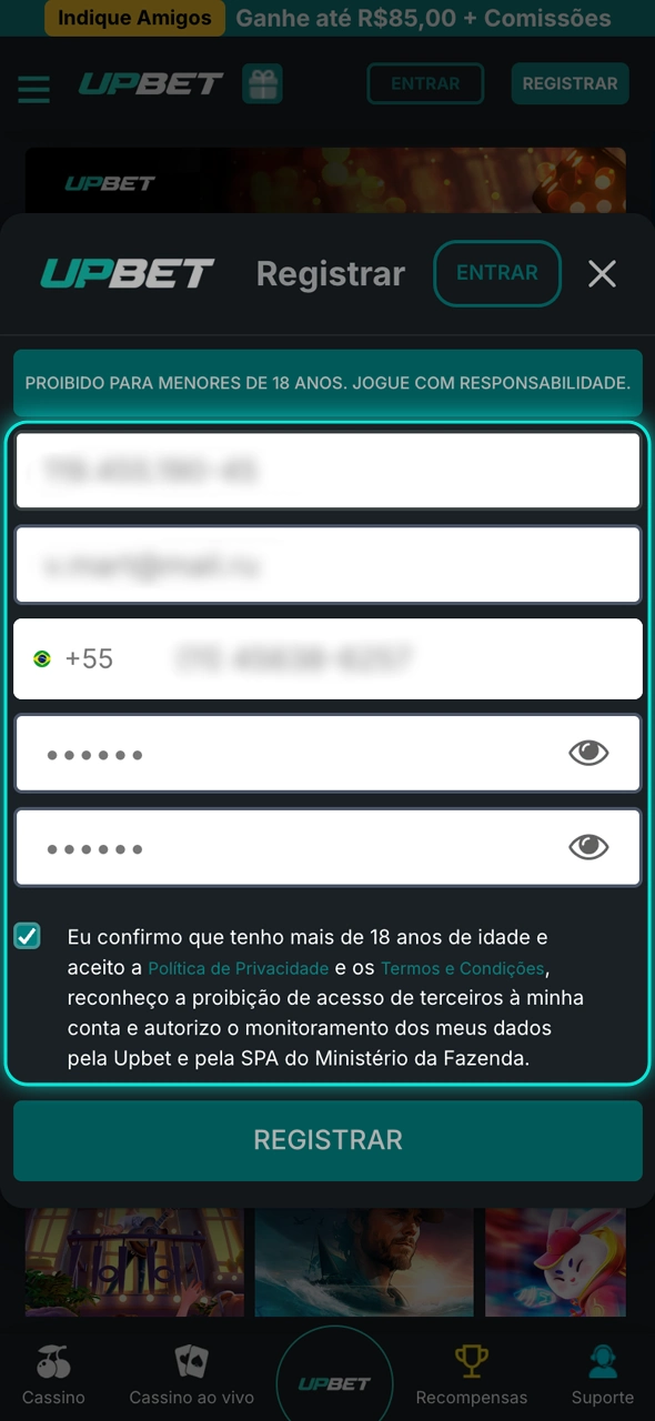 Passos simples para inserir suas informações para se registrar no Upbet.