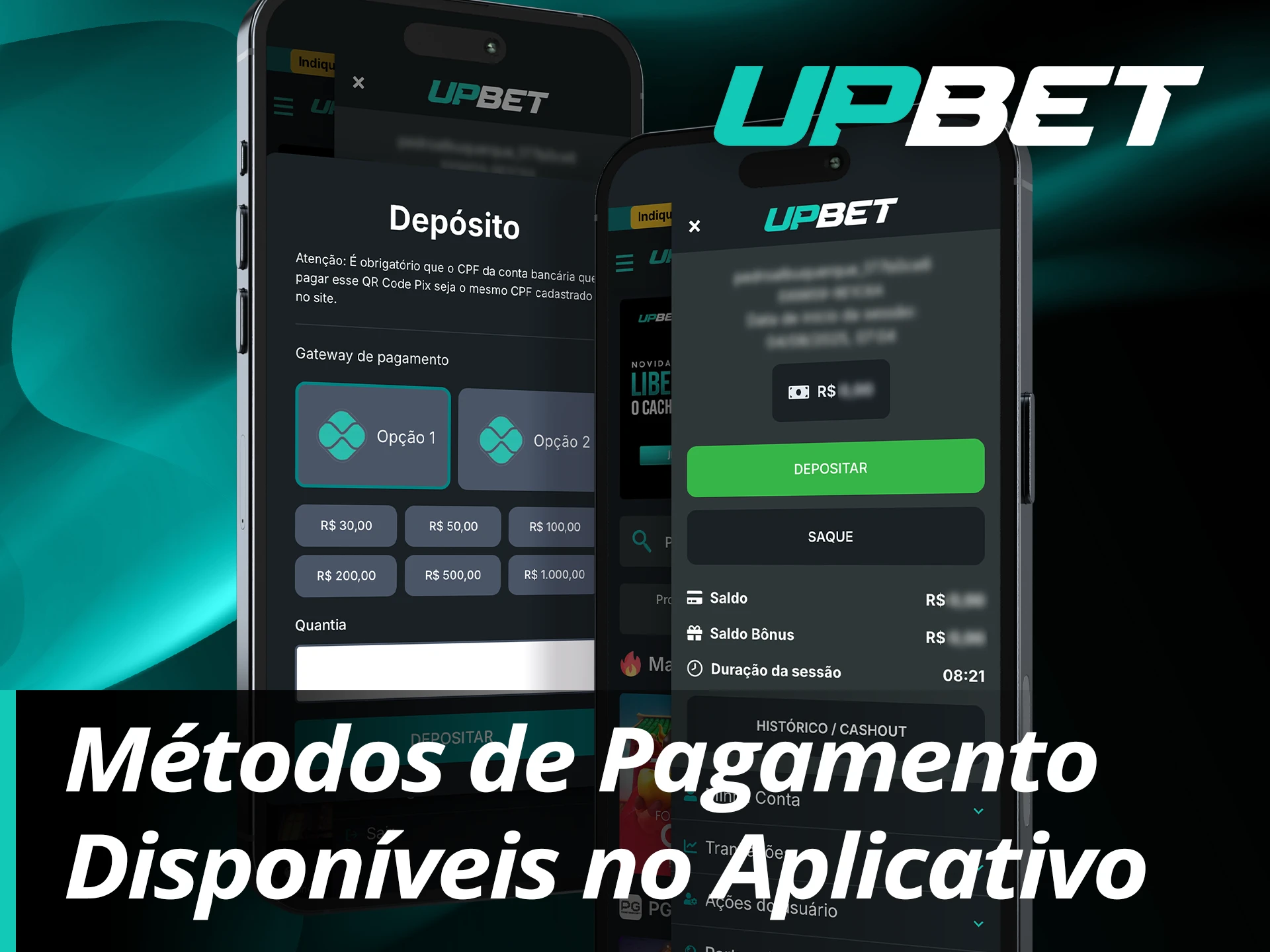 Escolha o método de pagamento no aplicativo UpBet e recarregue a sua conta.